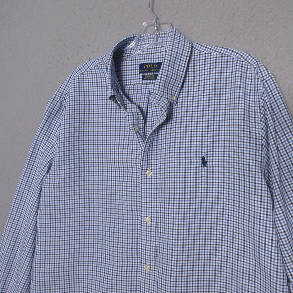 Polo‎ Ralph Lauren Shirt Men L Blue Plaid Classic Fit Performance Button Down